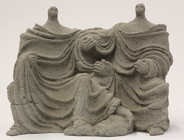 Sculpture by Emil Lazarevich: Emil Lazarevich (American, b. 1910), "Women's at Land's End," circa 1966, cast concrete sculpture, initialed verso, overall: 11.75"h x 13"x x 7"d. Note: Ankrum Gallery Los Angeles, CA, insurance evalu