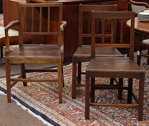 (lot of 3) George III chairs: (lot of 3) George III chairs, circa 1800, executed in elm, consisting of an armchair, the back with three reeded spindles, continuing to the outswept arms, and rising on square legs, 34"h x 22"w x 17.