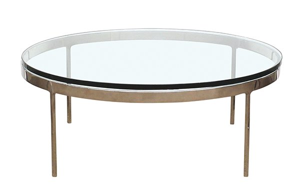 Nicos Zographos table: Nicos Zographos (American, b. 1931) coffee table, having a round beveled glass top, above a chrome frame, having four square legs, 13.5"h x 36"dia.