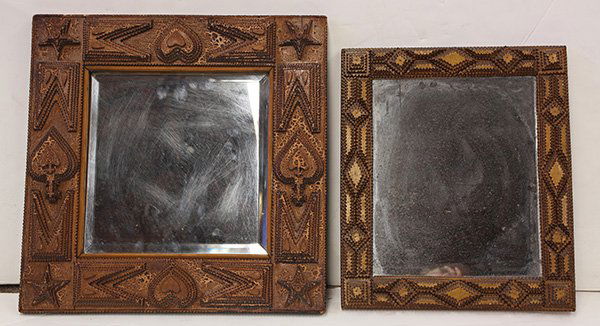 (lot of 2) Tramp Art mirror group: (lot of 2) Tramp Art mirror group, each executed in mahogany cigar box lids circa 1910, one of rectangular form with geometric accents flanking the original looking glass, 19.5"h x 16.5"w, one having
