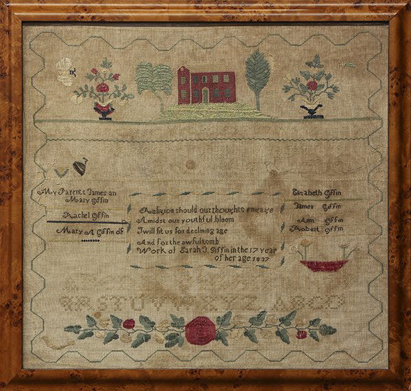 Framed needlepoint sampler dated 1837: Framed needlepoint sampler dated 1837, executed in silk embroidery on a linen ground, bearing the inscription: "Religion should our thoughts engage, Amidst our youthful bloom, Twill fit us for declini