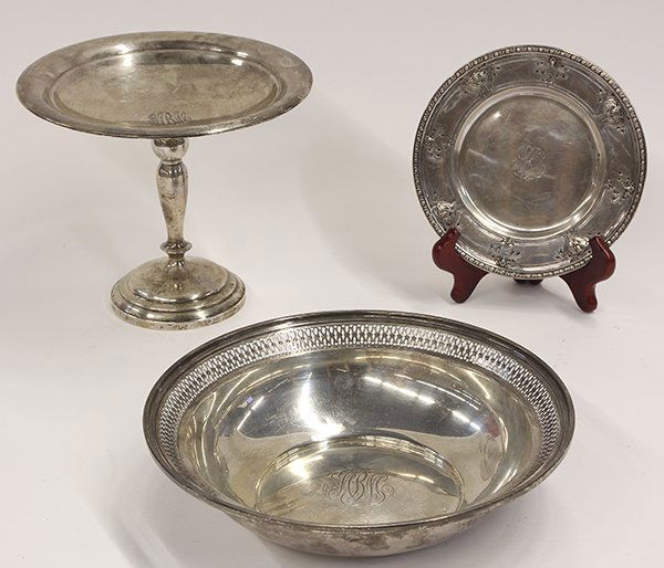 Watson Company sterling silver bowl, bread plate, and: (lot of 3) American sterling silver table accessories by Watson Company consisting of a bowl with a pierced border bearing a central script monogram and a bread plate; together with a weighted compote