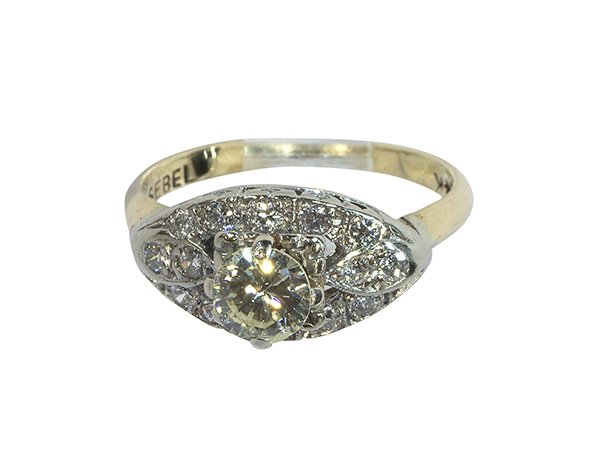 Diamond and 14k white gold ring: Diamond and 14k white gold ringcentering one round brilliant cut diamond weighing approximately 0.36 ct., accented by (1) single and (13) full cut diamonds weighing a total of approximately 0.21 ct.,
