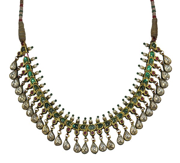 Traditional East Indian gemstone, 22k gold and Jaipur: Traditional East Indian gemstone, 22k gold and Jaipur enamel jewelry suiteincluding a necklace, matching bracelet and drop earrings set with white sapphires, rubies, green foil backed quartz, small pe