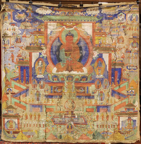 Himalayan Buddhist Banner: Himalayan large painted Buddhist banner/thangka, 19th century, Amitabha flanked by two standing bodhisattva, backed by a palace and with the other Dhyani Buddhas, Padma Sambhava and various narrative 