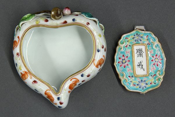 Two Chinese Porcelain Brush Washer/Plaque: (lot of 2) Chinese porcelain brush washer and plaque, the brush washer of peach form decorated with bats and clouds; together with a lobed plaque with the characters 'zhaijie' and accented by flowers 