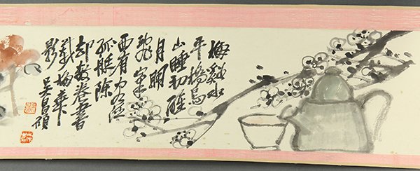 Chinese Handscroll, Manner of Wu Changshuo: Manner Wu Changshuo (Chinese, 1844-1927), Handscroll of Flowers of the Four Seasons, the flowers followed by a colophon, signature, and seals; the frontispiece with four characters 'fou weng xian mo',