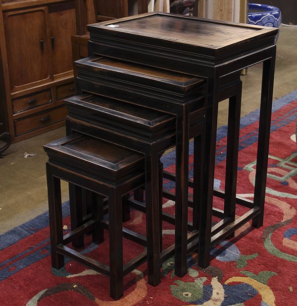 Set of Chinese Nesting Tables: (lot of 4) Chinese wooden nesting tables, each with a floating top, above a plain beaded apron, raised on straight supports braced by stretchers, largest: 27.75"h