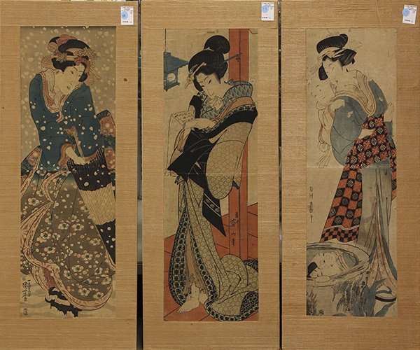Japanese Woodblock Prints, Eizan, Kuniyoshi, 19c: (Lot of 3) Group of Japanese woodblock prints: Kikugawa Eizan (1787-1867), one depicting a mother and a child, another courtesan reading a letter; Ichiyusai (Utagawa) Kuniyoshi (1797-1861), depicting 