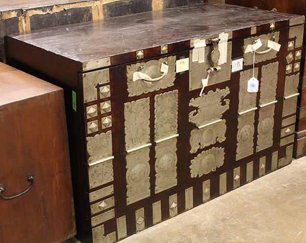 Korean Blanket Storage Bandaji Chest: Korean Pyungan style blanket storage bandaji chest, extensive brass decoration in the front and lock in the center, with drop front door, 23.5"h x 37"w x 19.5"d