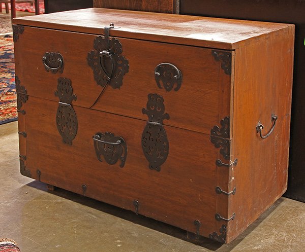 Korean Bandaji Storage Chest: Korean storage bandaji chest, drop front door with iron pulls and fittings, with handles on either sides, 20.5"h x 29.5"w x 15"d