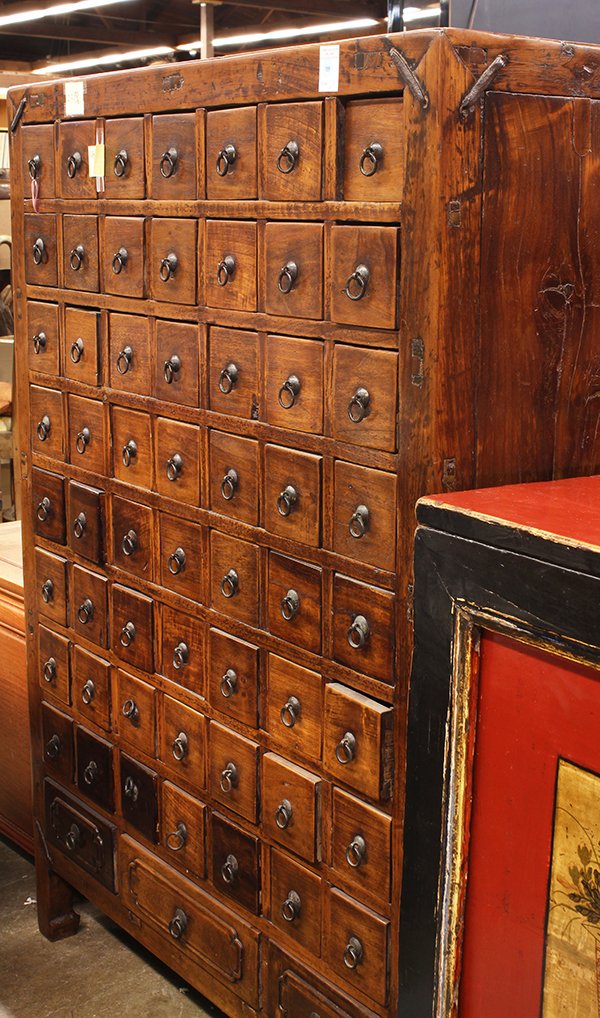 Chinese Wooden Apothecary Cabinet: Chinese apothecary cabinet, featuring eight rows each with a column of seven drawers, above a row of three long drawers, 52"h