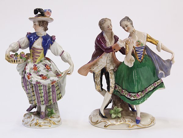 (lot of 2) Continental porcelain figures, consisting of: (lot of 2) Continental porcelain figures, consisting of a Meissen beauty carrying a basket of flowers and resting on a circular base with gilt accents, having a blue underglaze crossed swords mark, 5.