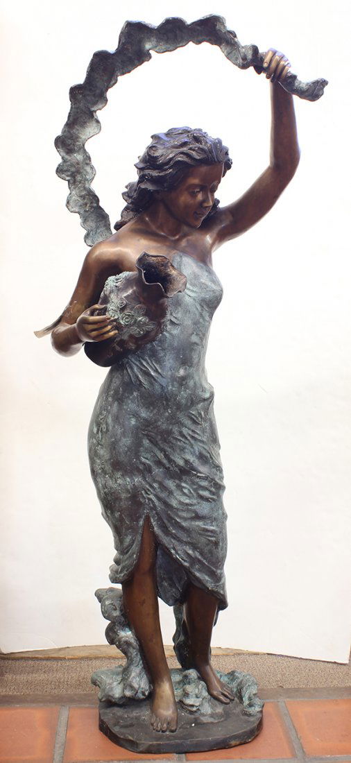 Patinated bronze figural sculpture depicting a beauty: Patinated bronze figural sculpture depicting a beauty, the young maiden bearing an amphora, 6' x 25"; plumbed for a fountain with water cascading from the amphora