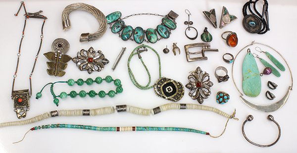 Collection of Gem, silver and mixed metal jewelry: Collection of Gem, silver and mixed metal jewelryincluding a Los Castillo Taxco silver bangle bracelet, TX-01; (3) Native American bead necklaces, (2) turquoise and silver rings, a turquoise and silve