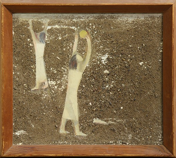 Mixed media, Continental School (20th century): Continental School (20th century), "Girls Playing," mixed media sand painting, titled verso, overall (with frame): 16.5"h x 18.5"w