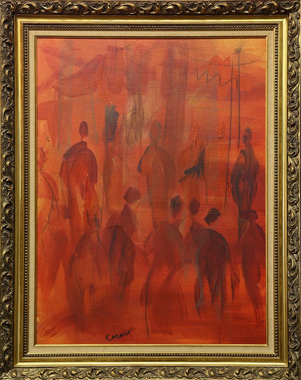 Painting by Pascal Cucaro: Pascal Cucaro (American, 1915-2004), Paint the Town Red, oil on canvas, signed lower left, overall (with frame): 48''h x 38''w