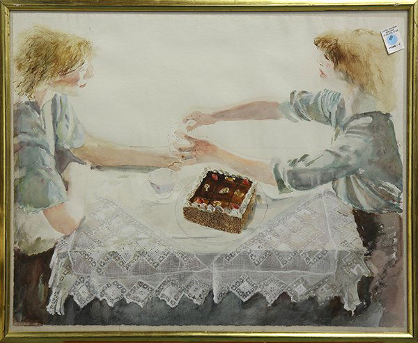 Watercolor, David Remfry: David Remfry (American/British, b. 1942), Tea and Cake, watercolor, signed lower right, overall (with frame): 24.75"h x 31.25"w