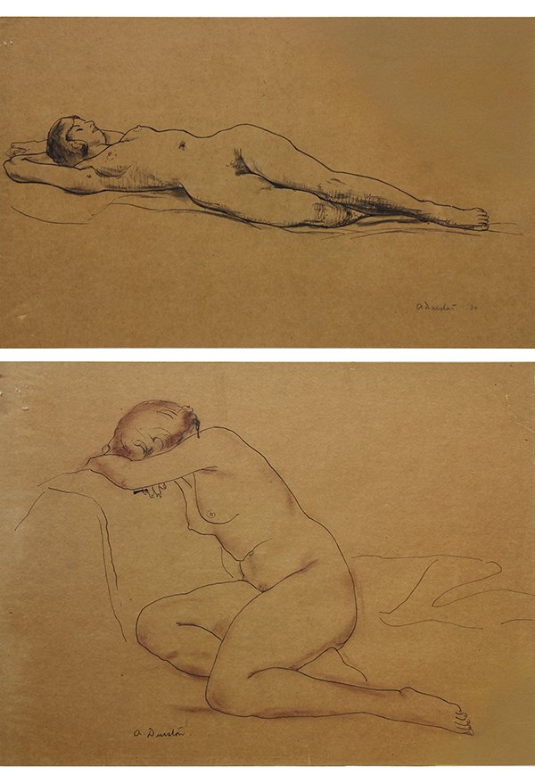 Nude Studies by Arthur Durston: (lot of 2) Arthur Durston (American, 1887-1938), Reclining Nude (1930) and Nude in Repose, ink and watercolor on paper / ink and chalk on paper, signed and dated lower right / signed lower left, sight