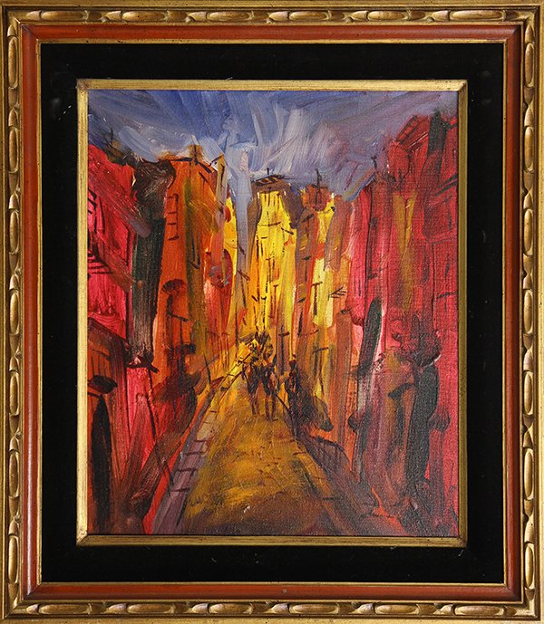 Painting, Pascal Cucaro: Pascal Cucaro (American, 1915-2004), City Streets Come Alive at Night, oil on canvas, signed lower left, overall (with frame): 32.5''h x 28.5''w