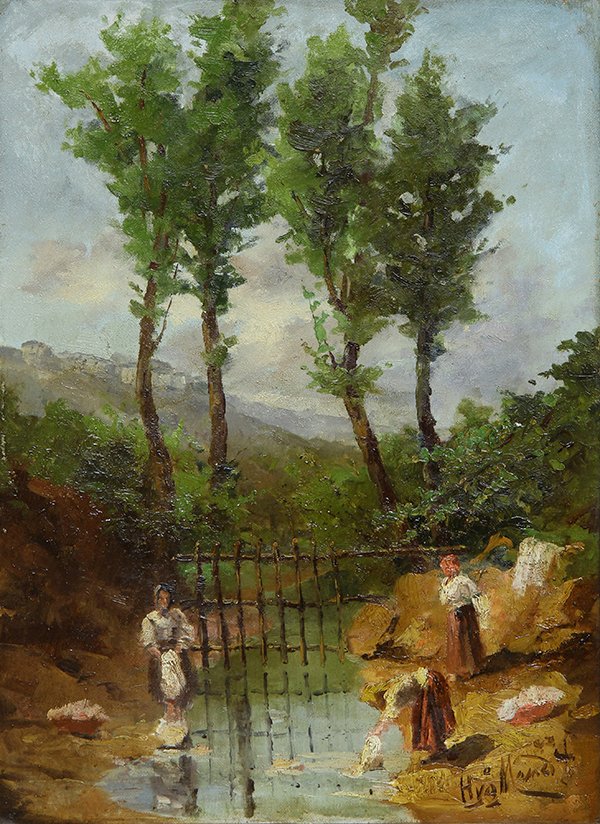 Painting, Continental School (19th century): Continental School (19th century), Figures Washing Clothes by a Stream, oil on canvas, signed indistinctly lower left, overall (with frame): 23.25''h x 18.25''w