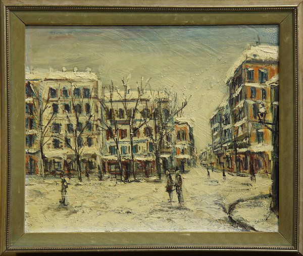 Painting, Pascal Cucaro: Pascal Cucaro (American, 1915-2004), Winter Street Scene with Figures, oil on board, signed lower right, overall (with frame): 21.75"h x 26.5"w