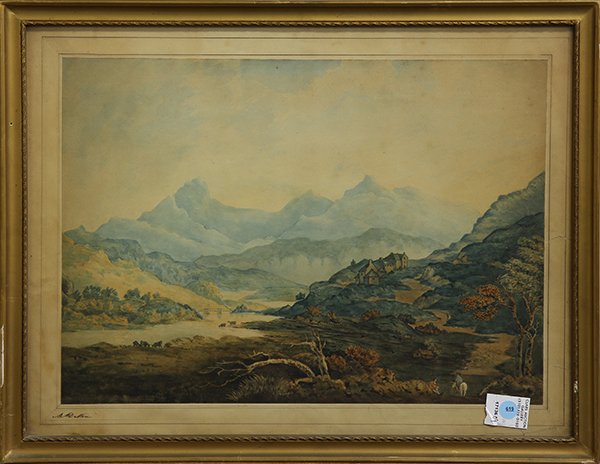 Watercolor, British School (19th century): British School (19th century), Village Scene with Lake and Mountains, watercolor, signed "M. Dutton"" lower left (on mat), overall (with frame): 18.75"h x 24"w