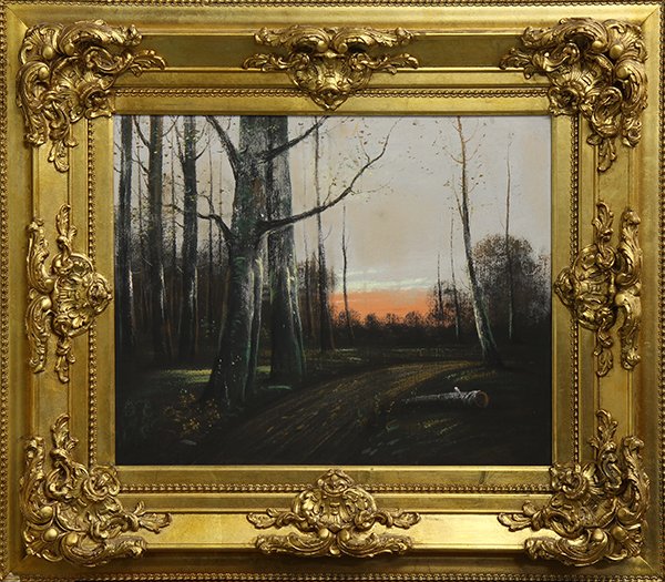Painting, Sunset Through the Woods: Sunset Through the Woods, oil on board, unsigned, 20th century, overall (with frame): 25.5"h x 29.5"w
