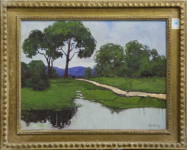 Painting, Jesse Don Rasberry: Jesse Don Rasberry (American, b. 1940), Path Through the Eucalyptus, oil on canvas, signed lower right, overall (with frame): 24.5"h x 30.25"w