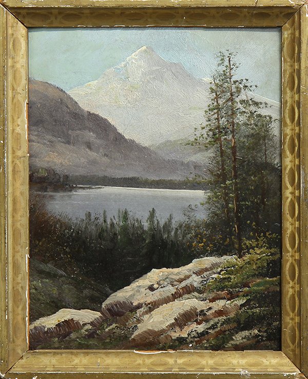 Painting, Continental School (20th c.): Continental School (20th century), Mountain Landscape, oil on board, overall (with frame): 10"h x 8.25"w