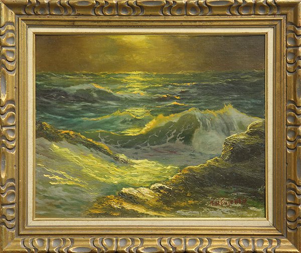 Painting, Sunset on the Waves: California School (20th century), Sunset on the Waves, oil on board, signed "T. V. Eugenth" lower right, overall (with frame): 21.5"h x 25.25"w