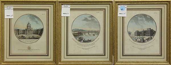 Prints, Views of Paris: (lot of 3) Continental School (19th c.), "Vue du Chateau du Luxembourg du Cote du Jardin," "Vue du Pont de Louis XVI," and "Vue du College des 4 Nations," hand painted engravings, overall (framed/each