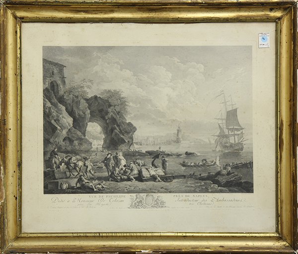 Print, Robert II Daudet, Vue de Pausilype Pres de: Robert II Daudet (1737-1824), "Vue de Pausilype Pres de Naples," 1785, engraving, after a painting by Joseph Vernet, overall (framed): 29"h x 34.5"w
