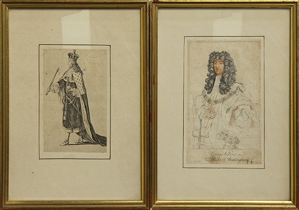 Prints, George Villers 2nd Duke of Buckingham: (lot of 4) Continental School (19th c.), "George Villers 2nd Duke of Buckingham," A king, "Baccantes," and "Faunes," engravings, overall (largest/framed): 16.25"h x 12"w