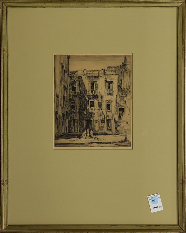 Print, Piazza Drinking Fountain: Continental School (late 19th/early 20th century), At the Piazza's Drinking Fountain, etching, pencil signed indistinctly lower right, overall (framed): 24"h x 19.25"w