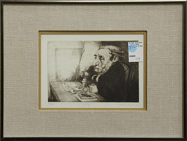 Prints by Charles Bragg: (lot of 4) Charles Bragg (American, 1931-), "Tenya," "Job," "Juddge," and "Smile," etchings, each signed in pencil, titled and numbered, overall (largest/framed): 14.75" x 13.75"