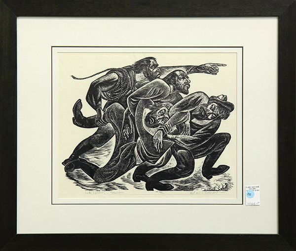 Print, Charles Surendorf, Lode Lynching-Columbia: Charles Surendorf (1906-1979), "Lode Lynching-Columbia," woodcut, epencil signed lower right, titled lower left, edition 40/100, overall (framed): 22.5"h x 26.75"w