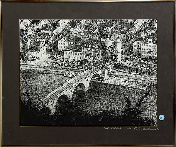 Print, Heidelberg: Continental School (20th century), "Heidelberg," 1968, print, pencil signed lower right mat, dated, and titled, overall (framed): 20.25"h x 24.25"w