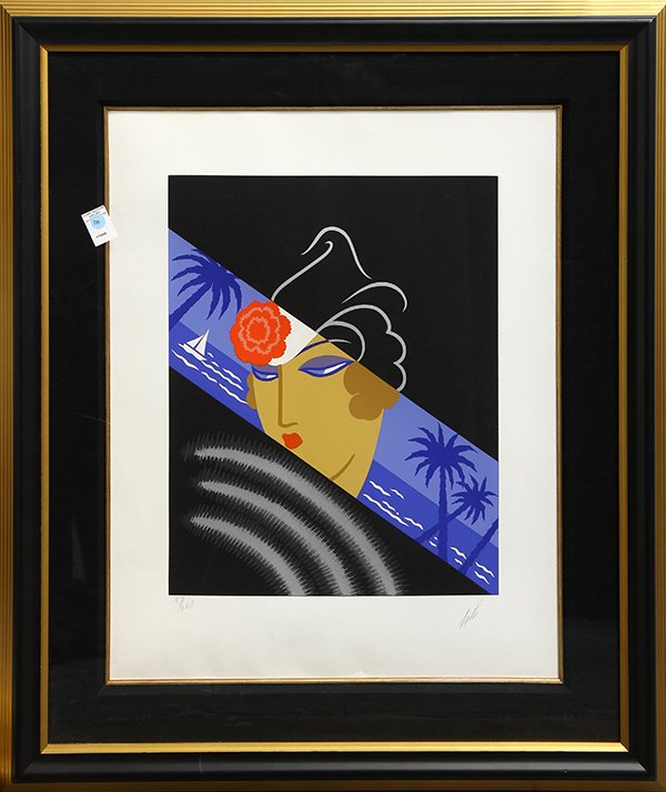 Print by Erte: Erte (Romain de Tirtoff) (French/Russian, 1892-1990), The Lady at the Beach with Red Lips, serigraph, pencil signed lower right, edition 97/260, overall (with frame): 40"h x 34.5"w