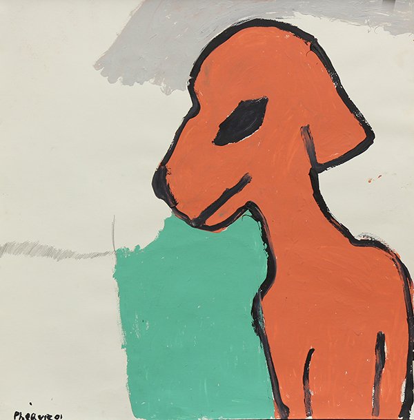 Works on paper by Phe Ruiz: (lot of 3) Phe Ruiz (American, b.1965), ''Seahorse'' (2001), ''Reindeer'' (2001) and ''Clifford'' (2001), from the ''Critter'' series, acrylic and crayon on paper, each signed and dated, titled verso,