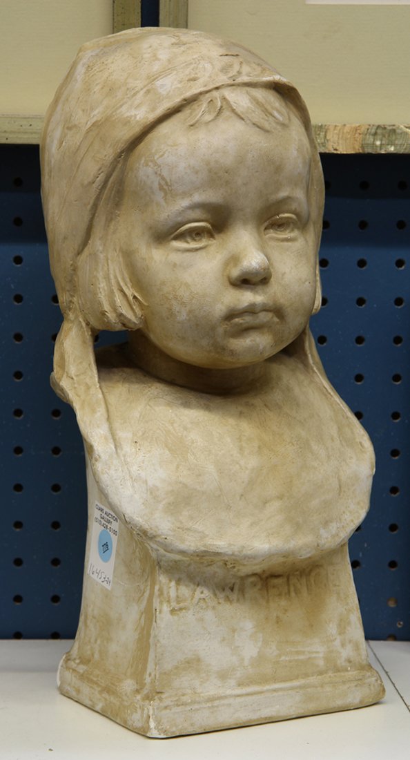 Bust by Cyrus Edwin Dallin: Cyrus Edwin Dallin (American, 1861-1944), "Lawrence (Dallin's Son)," 1914, plaster bust, signed and dated verso, overall: 14.75"h x 7.25"w x 7.25"w