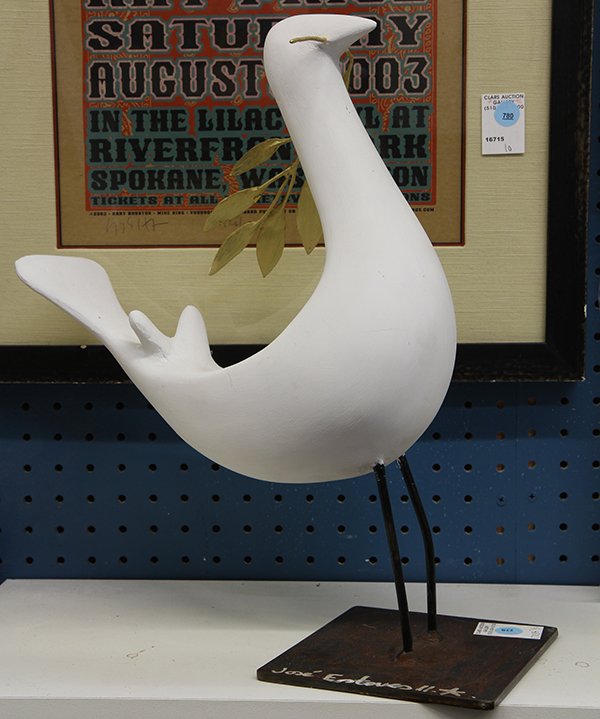 Peace Dove, mixed media sculpture: Peace Dove, mixed media sculpture, signed "Jose Esteves" lower base, mounted on metal base, overall: 16.75"h x 15"w x 7"d