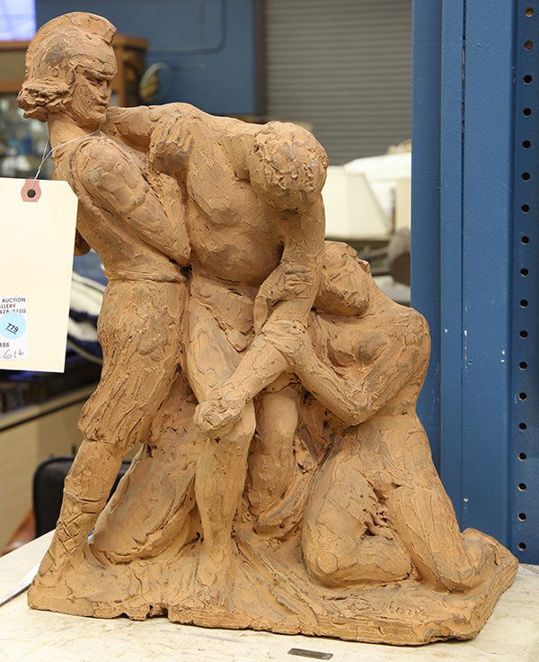 Terra cotta sculpture: Classical Scene with Three Figures, terra cotta sculpture, signed indistinctly "Bellows" lower right, overall: 17"h x 13"h x 7.5"d