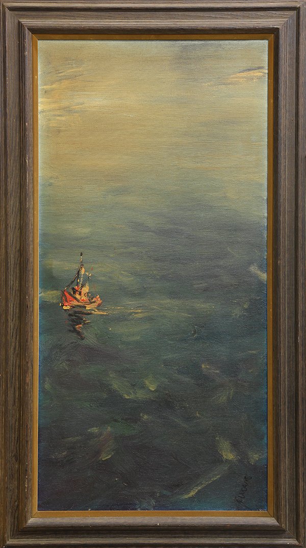 Painting, Pascal Cucaro: Pascal Cucaro (American, 1915-2004), Tugboat in the Bay, oil on canvas, signed lower right, overall (with frame): 55.5"h x 31.5"w