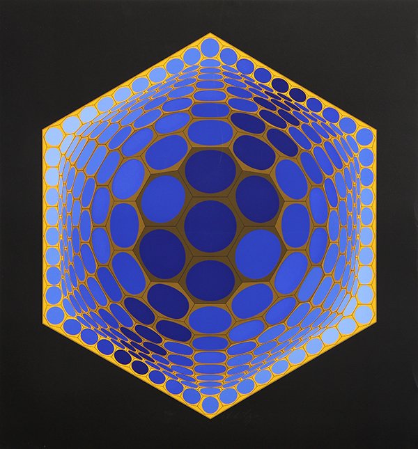 Prints, Victor Vasarely: (lot of 2) Victor Vasarely (French/Hungarian, 1906-1997), Blue and Green Hexagon and Orange Hexagon, serigraphs, each pencil signed, edition 179/250 and 108/250, sheets (each unframed): 30''h x 32.5''