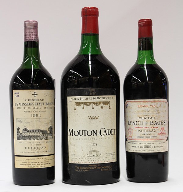 (lot of 3) French wine group: (lot of 3) French wine group, including a 1962 Chateau Lynch-Bages, Pauillac, France, and a 1964 Chateau La Mission Haut-Brion, Pessac-Leognan, France, each 1.5L; together with a 1971 Baron Philippe d