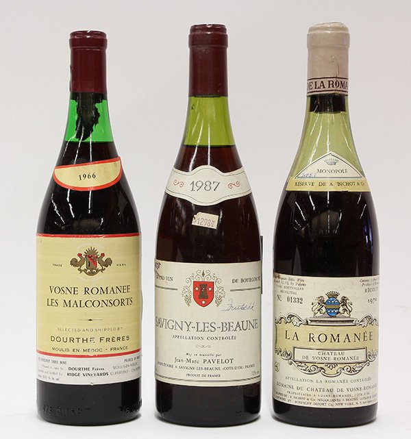 (lot of 3) French wine group: (lot of 3) French wine group, consisting of a 1966 Vosnee Romanee Les Malconsorts, Burgundy, France, a 1970 Chateau de Vosnee Romanee A. Bichot “La Romanee", France, and a 1987 Jean Marc Pavelot Sau