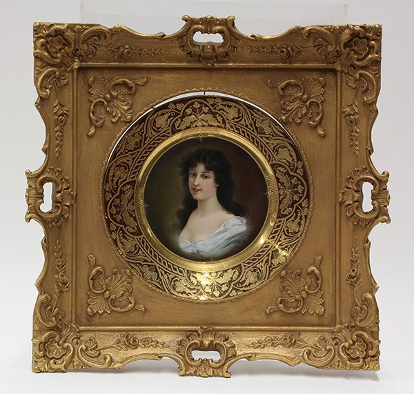Royal Vienna cabinet plate: Royal Vienna cabinet plate, 19th century, centering a hand painted portrait of a dark haired beauty in a pale gown, framed by a band of raised gilt and having a wide burgundy rim with heavy gilt flora