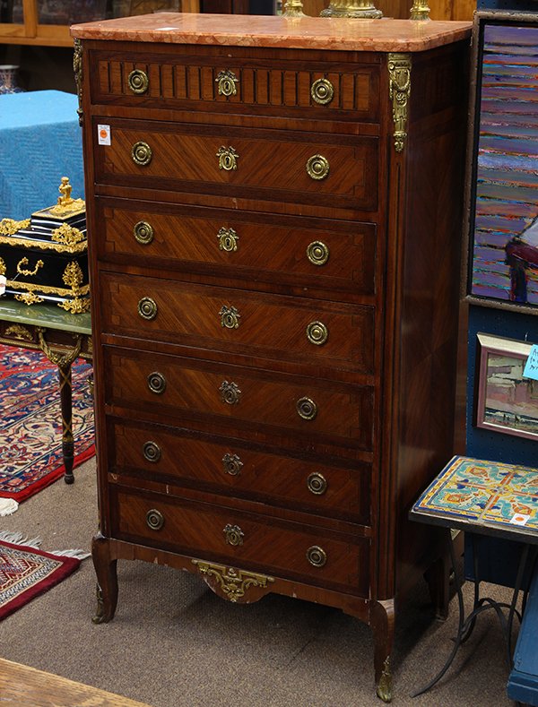 Louis XVI style marble top chest: Louis XVI style marble top chest, circa 1900, the breche d alep top surmounting the seven drawer case, each with marquetry detail and retaining the original pulls and escutcheon, the whole rising on o