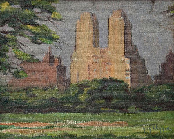 Painting, Guy Carleton Wiggins: Guy Carleton Wiggins (American, 1883-1962), Central Park West, New York, oil on canvas board, signed lower right and verso, board: 8"h x 10"w, overall (with frame): 12"h x 14"w
